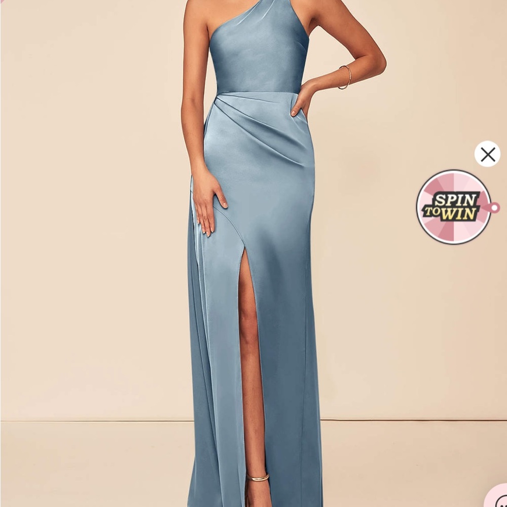Azazie One-Shoulder Satin Gown in Dusty Blue